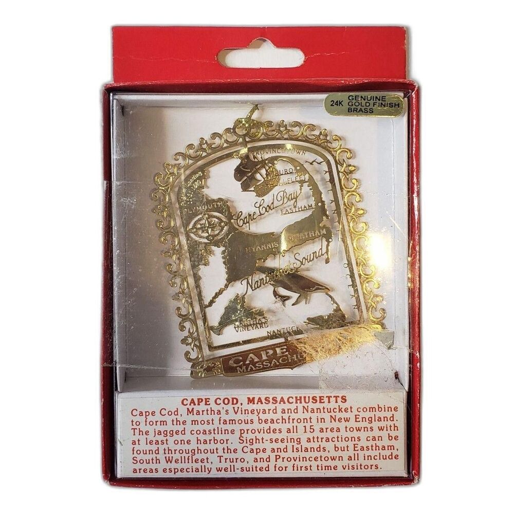 Nation's Treasures Cape Cod Massachusetts 24K Gold Brass Map Ornament in Box Gif